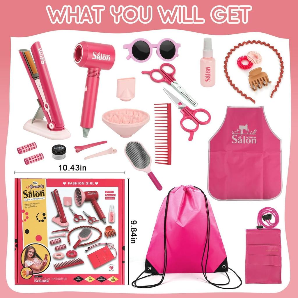 23 Pcs Hair Salon Girls Toys Kids Pretend Play Toys Toddler Dress Up Beauty Salon Set Stylist Kit with Hairdryer Flat Apron Scissors Curling