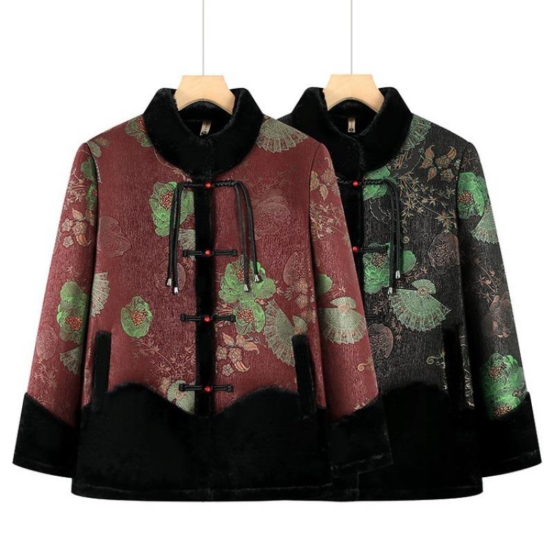 Winter velvet jacket fur integrated top old lady clothes thick