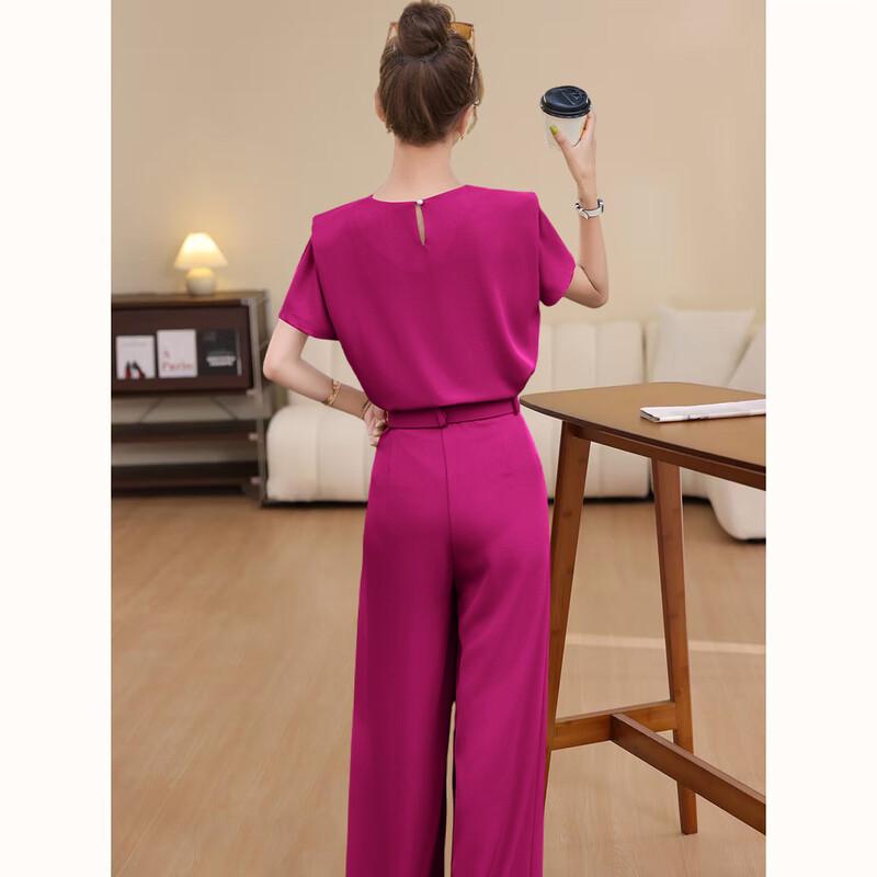 D.F.DEAR Elegant Round Neck Short Sleeve Wide-Leg Pants Set