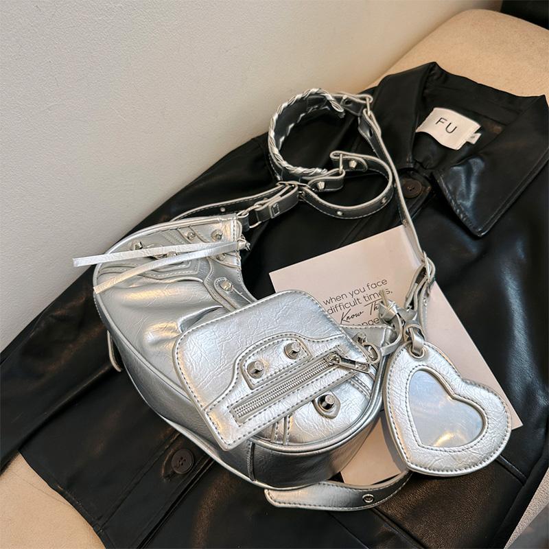 Fashion PU Shoulder Bag for Women Chic Rivet Design with Zipper & Free Mirror  Compact & Practical for Shopping and Traveling