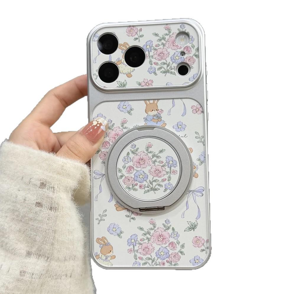 Flower Rabbit Rotating Bracket Suitable for Apple iPhone16/17Pro Mobile Phone Case 15 Electroplating Large Window 14 Sets