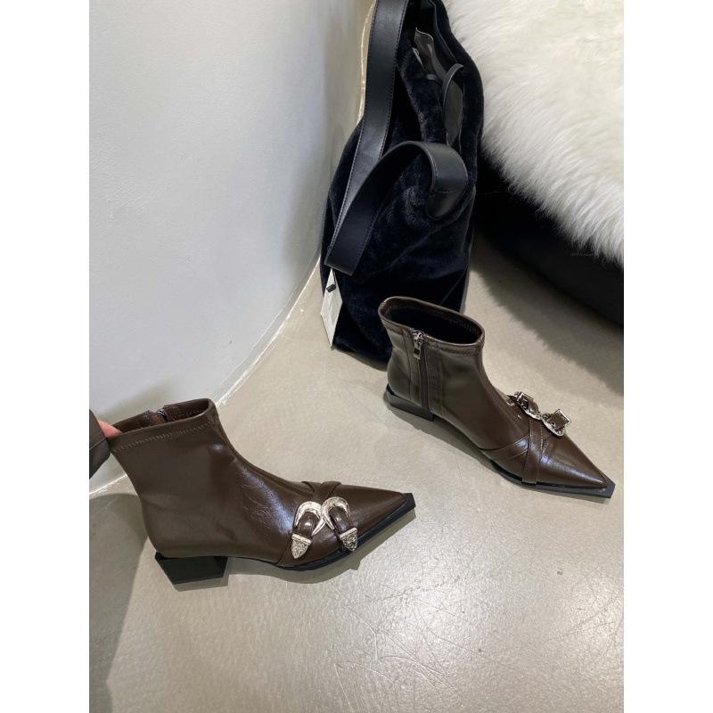 

Niche fashionable belt buckle pointed short boots women s thick heel side zipper Martin boots retro British style thin boots 40