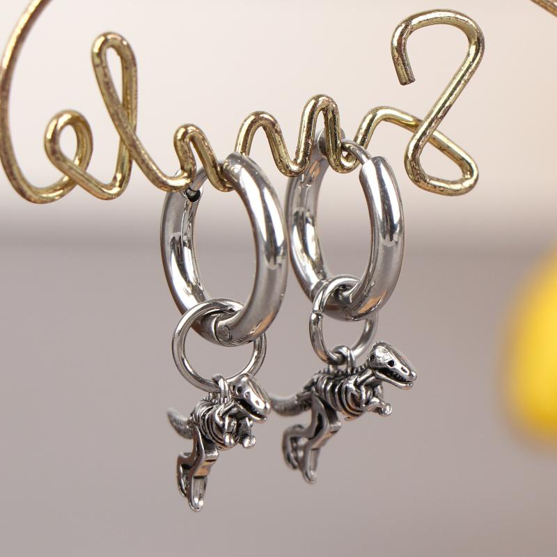 Punk Dinosaur Hoop Earring For Men Tyrannosaurus Rex Skeleton Earrings Stainless Steel Dinosaur Enthusiast Jewelry Gift