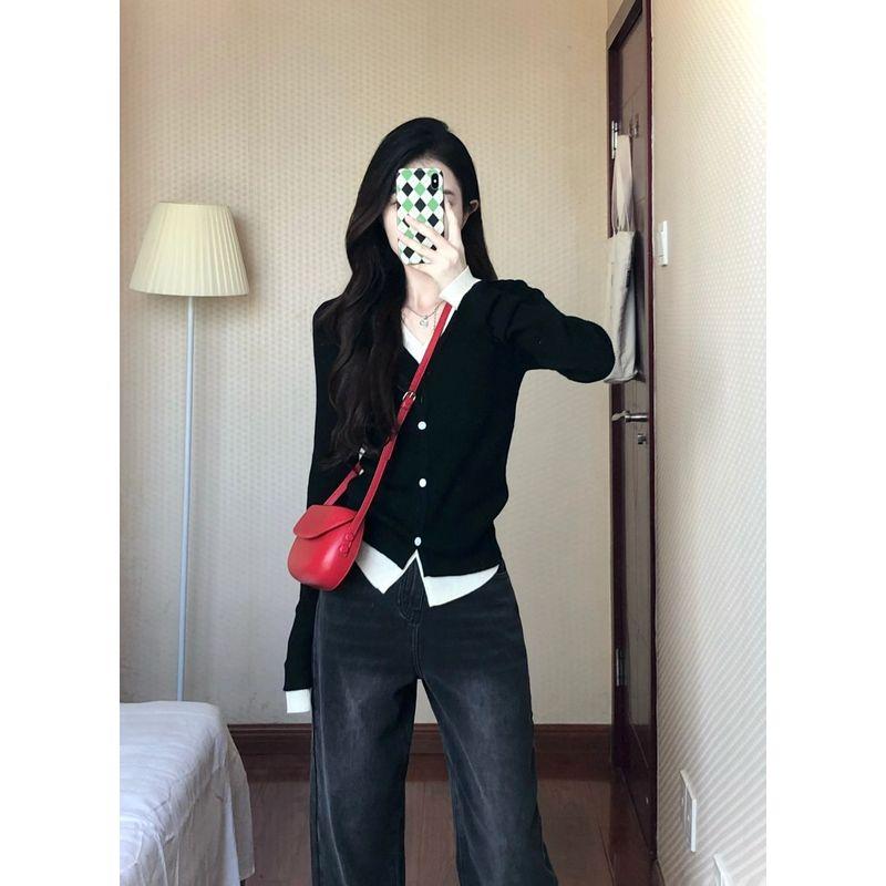 

Черный кардиган-двойка на раннюю осень, топы с длинными рукавами Black S