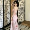 Pure desire mesh printing suspender deep V-neck dress women's summer design sense slim waist hip fish tail dress