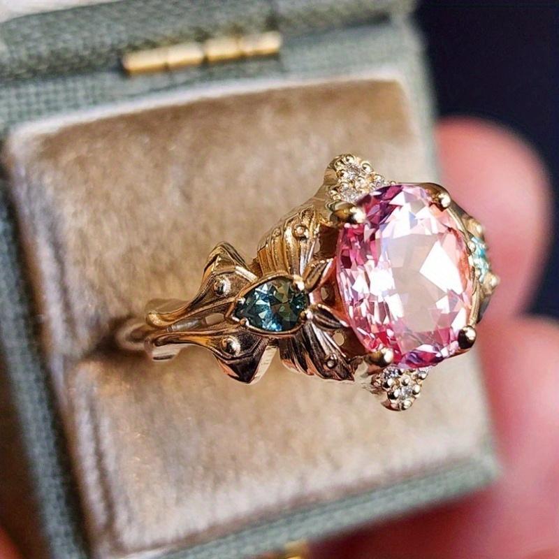 1pz Anello di Lusso alla Moda con Fiori Incastonato con Zirconi Sintetici Rosa