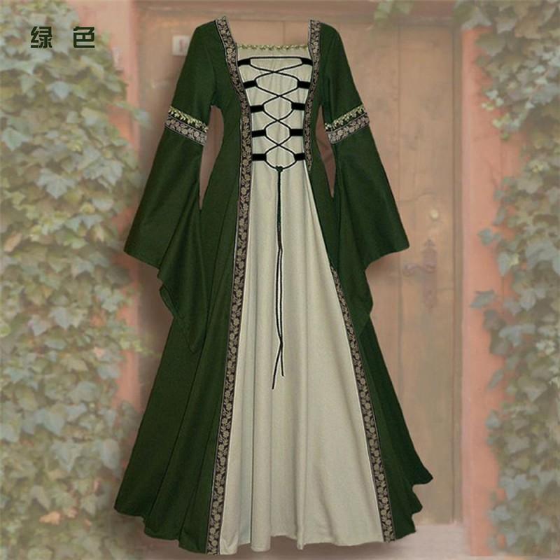 Gothic Vintage Square Neck Long Sleeve Flared Wrap Tie Hem A-Line Maxi Dress Women