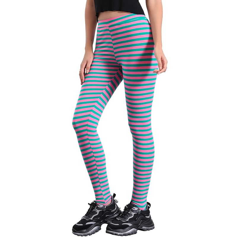 

[Allegra K] halloween costume leggings border spats Torenka high waist waist elastic yoga pants ladies green pink stripes M