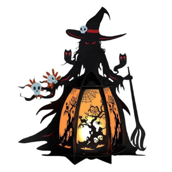 Halloween Witch Lantern 3D Spooky Lantern Light-up Table Centerpiece Gothic Bat Skull Witch Lamp for Home Mantel Entryway Tabletop Decoration