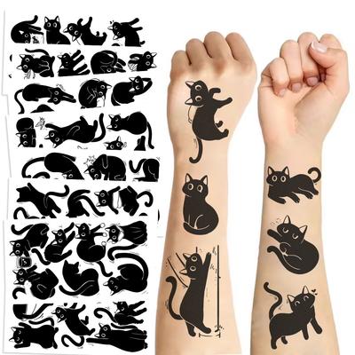 10 Bögen Kleine Schwarze Katze Temporäre Tattoo-Sticker, Niedliche Cartoon-Katzenmuster, Party-Make-up Wasserdichte Tattoo-Sticker