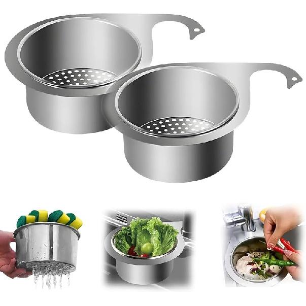 Sink Filter Basket, Stainless Steel Draining Basket for Sink, Multi-functional Hanging Kitchen Sink Strainer Basket for Washing Fruits and 2pcs