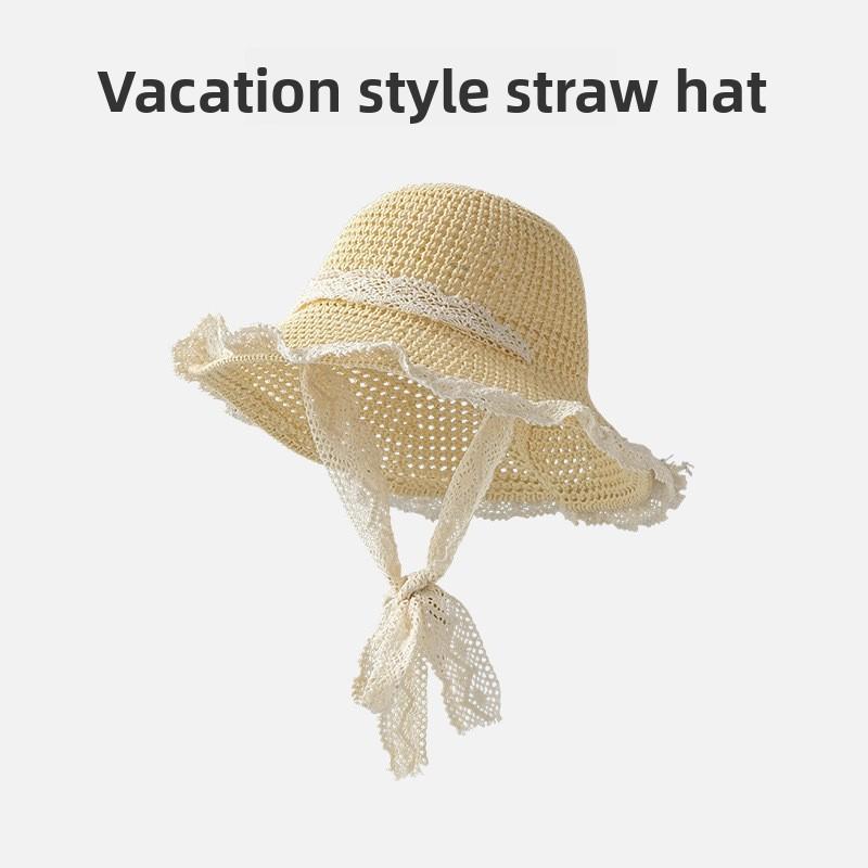 Hat Women's Spring and Summer French Straw Hat Versatile Lace Sunscreen Hat Summer Seaside Beach Sun Hat