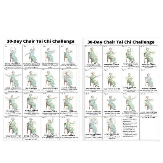 

2Pcs Chair Tai Chi Workout Posters Seated Exercises Chart 30-Day Chair Tai Chi Guide for Seniors Beginners Home Gym Decor A