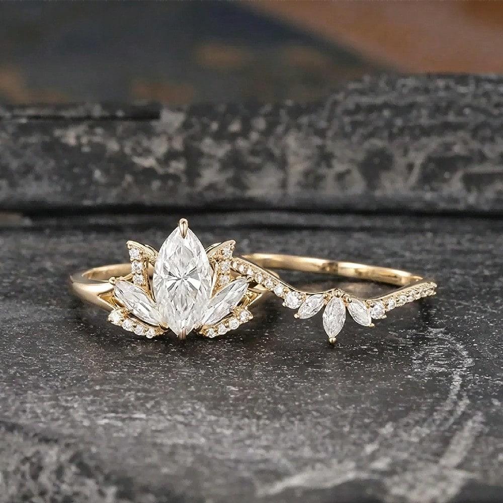 Gold Tone Lotus Flower Ring with Marquise & Round CZ, Layered Design Wedding Engagement Ring, Luxury Bridal Jewelry for Women