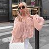 French Foreign Style Pink Ruffle Edge Chiffon Shirt Women's 1116 Autumn Fashion Lace-up V-neck Long-sleeved Top Women's Clothing