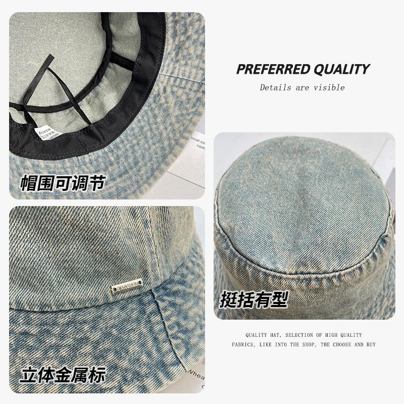 Retro washed denim fisherman hat children spring and summer outdoor versatile big head circumference showing face small sunscreen sunshade basin hat