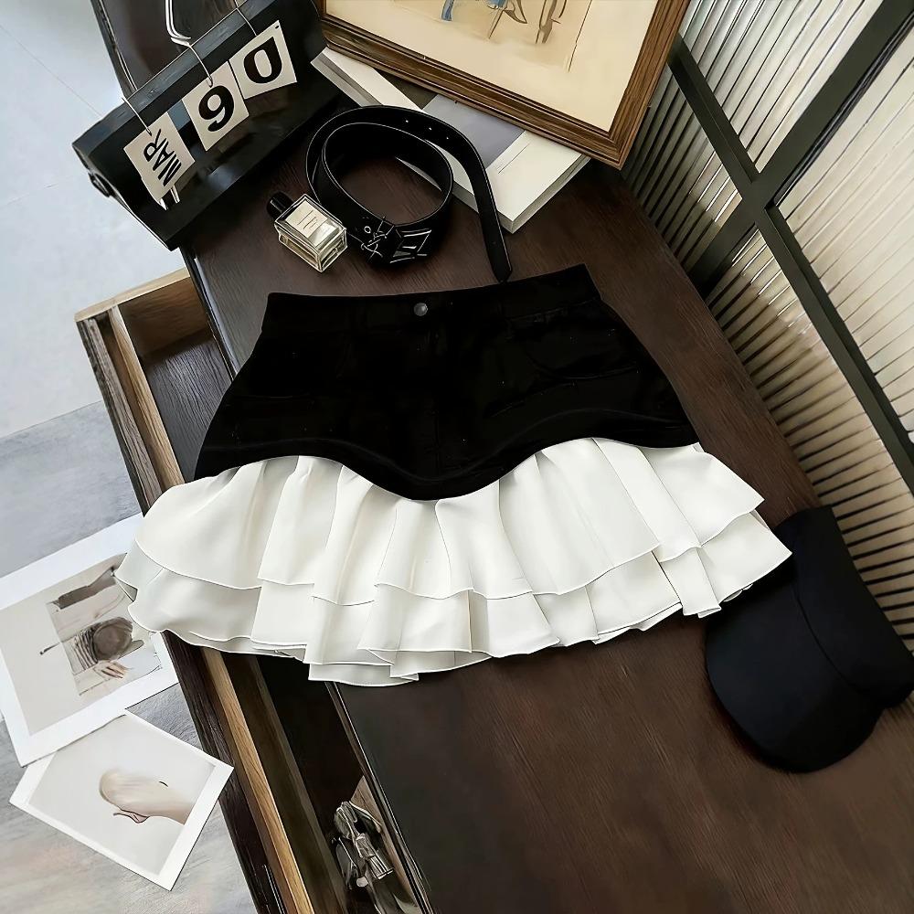 Women's Elastic Waist Color Block Mini Skirt A Line Tiered Skirt Elegant Ruffle Layered Cake Skirt