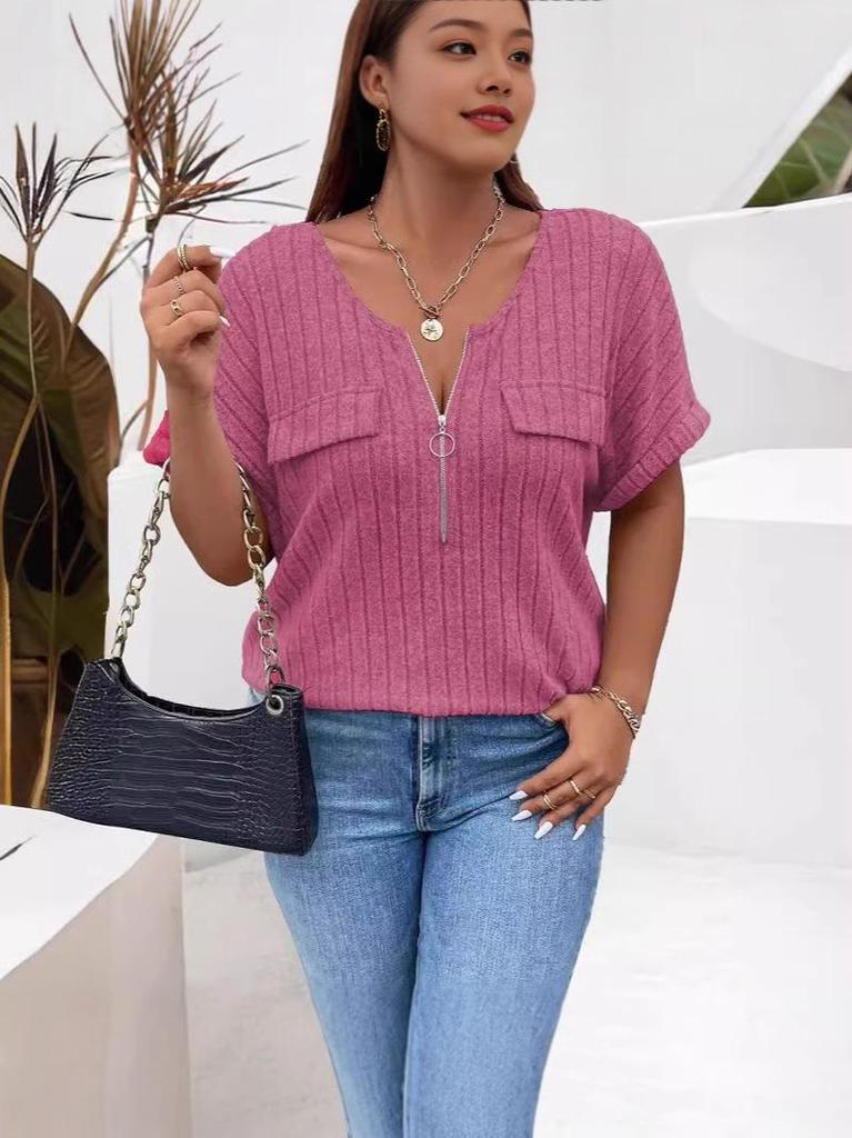 2025 Spring/Summer Plus Size Women's Solid Color Zipper Short Sleeve Fake Pocket Loose Pullover Top