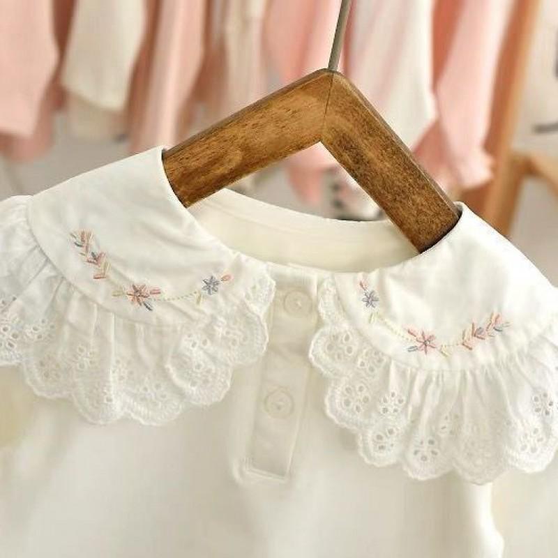 Girls Long Sleeve Cotton T-Shirt With Floral Embroidery Ruffled Collar Toddlers 3-8 Years