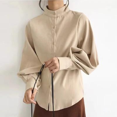 Vintage lanterna manga solta blusa feminina suporte único breasted sólido elegante camisa mulher solta casual escritório senhoras topos 30014