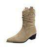 Damen Braune Wildleder Chelsea Stiefeletten - Mid-Calf Gerafftes Design, Spitze Zehenpartie, Blockabsatz für Herbst/Winter 2024
