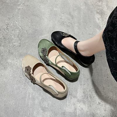 Flat Shoes Women's Round Head Low Heel Mesh Mary Jane Single Shoes New Chinese Style Flower Word Belt