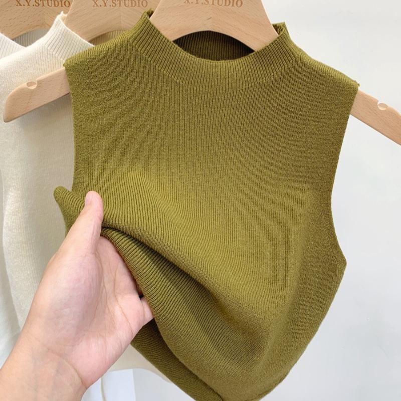 

Летняя верхняя одежда без рукавов, трикотажные майки для женщин, полувысокие майки с высоким воротом, женские однотонные облегающие повседневные офисные женские майки, модный жилет 24985 One Size зелёный