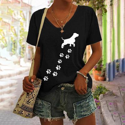 Summer V-neck 3D Animal Footprints Printed Top Fashionable Casual Short Sleeved Women's T-shirts