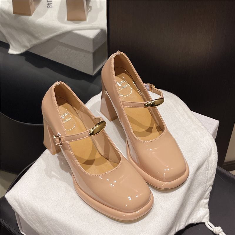 

Mary Jane shoes spring 2025 new one-word with sexy high heels patent leather round head thick heel waterproof table shoes 40