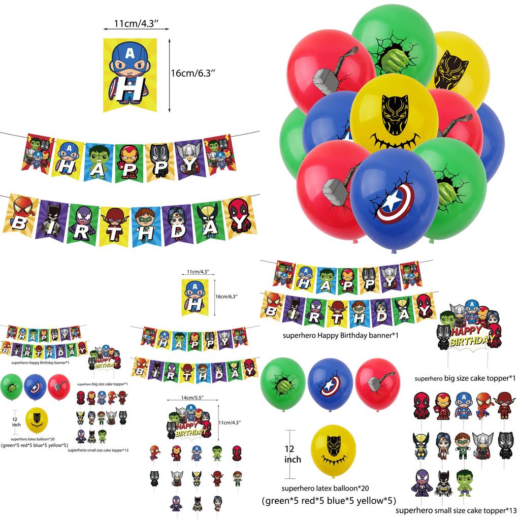 Themed Kids Birthday Party Hanging Flag Banner Decorations Balloon Cake Topper Set