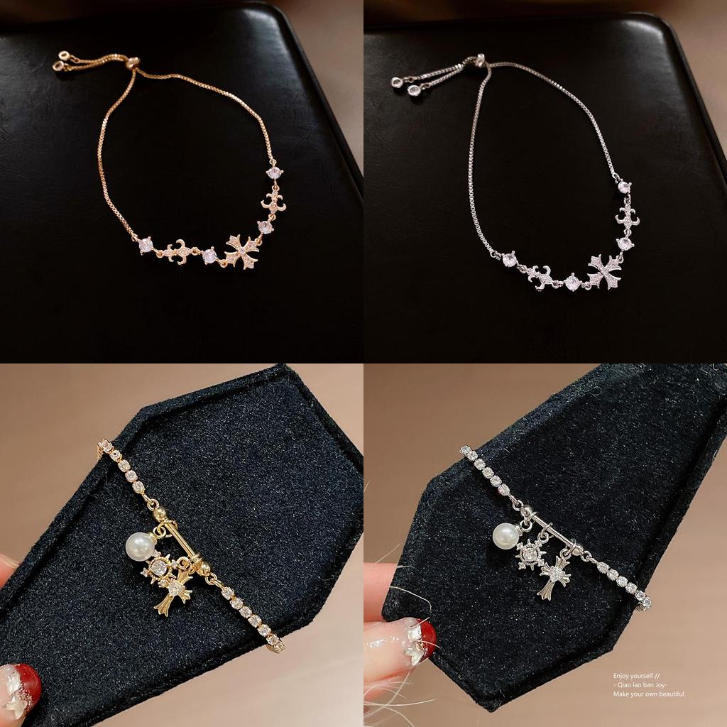 Pulseira Ajustável com Pingente de Cruz para Mulheres com Enfeites de Zircônia Joia da Moda Tendência Presente