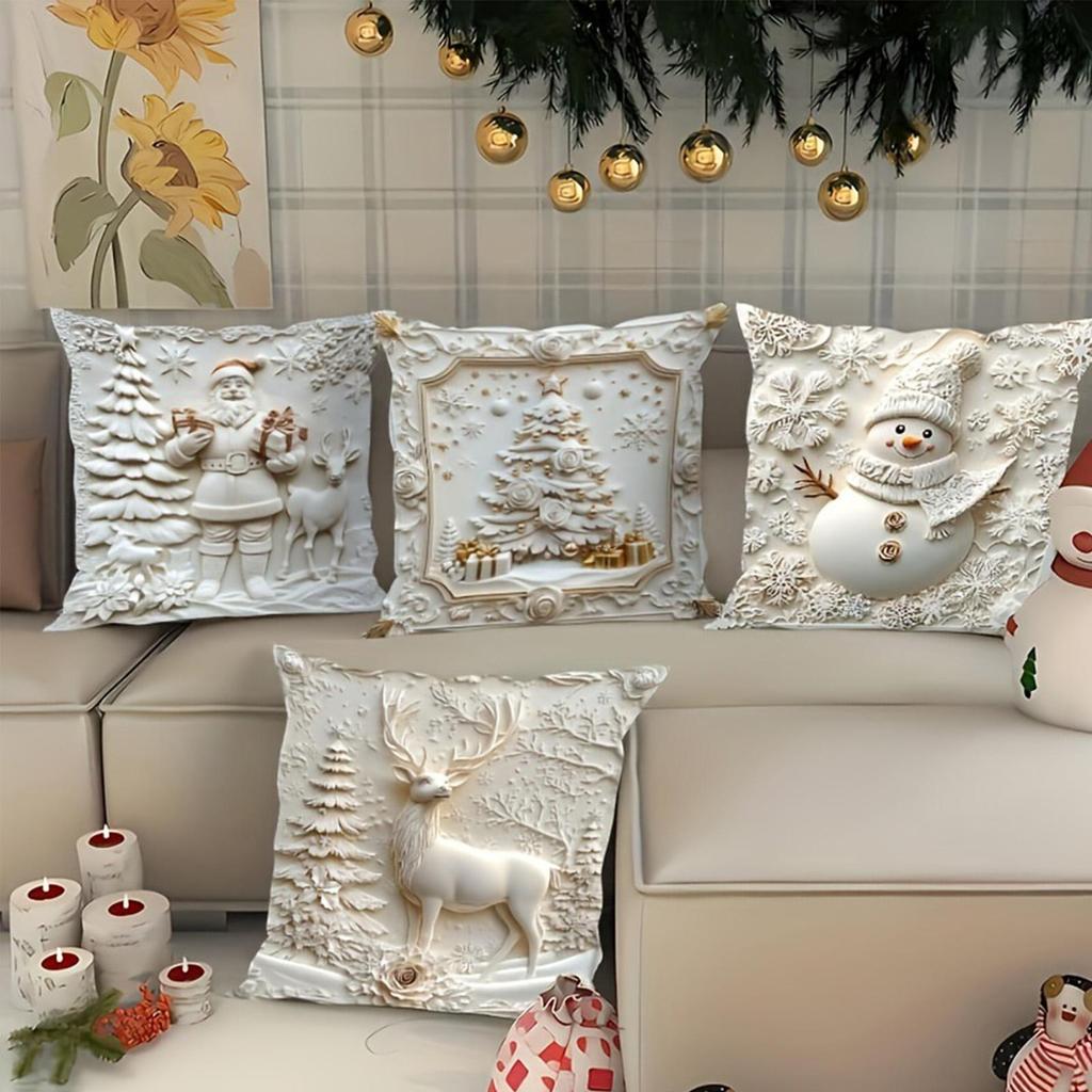 18x18 Inch Christmas Pillow Cases White Embossed Aesthetic Christmas Pillowcase 4 Pieces Christmas Couch Pillow Covers For Sofa