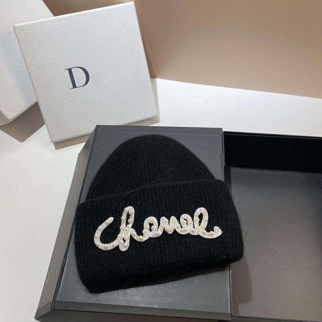 Pearl Hat Rabbit Hair Warm Knit Hat Women's Fashionable Winter Cold Hat Increase And Lengthen Double Folded Edges Hat