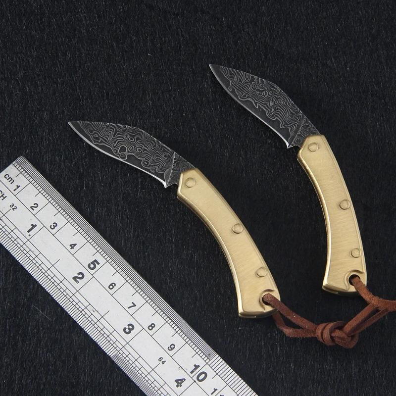 Folding Blade Knife Brass Handle High Hardness Damascus Steel Outdoor Camping Pocket Knife EDC Tools