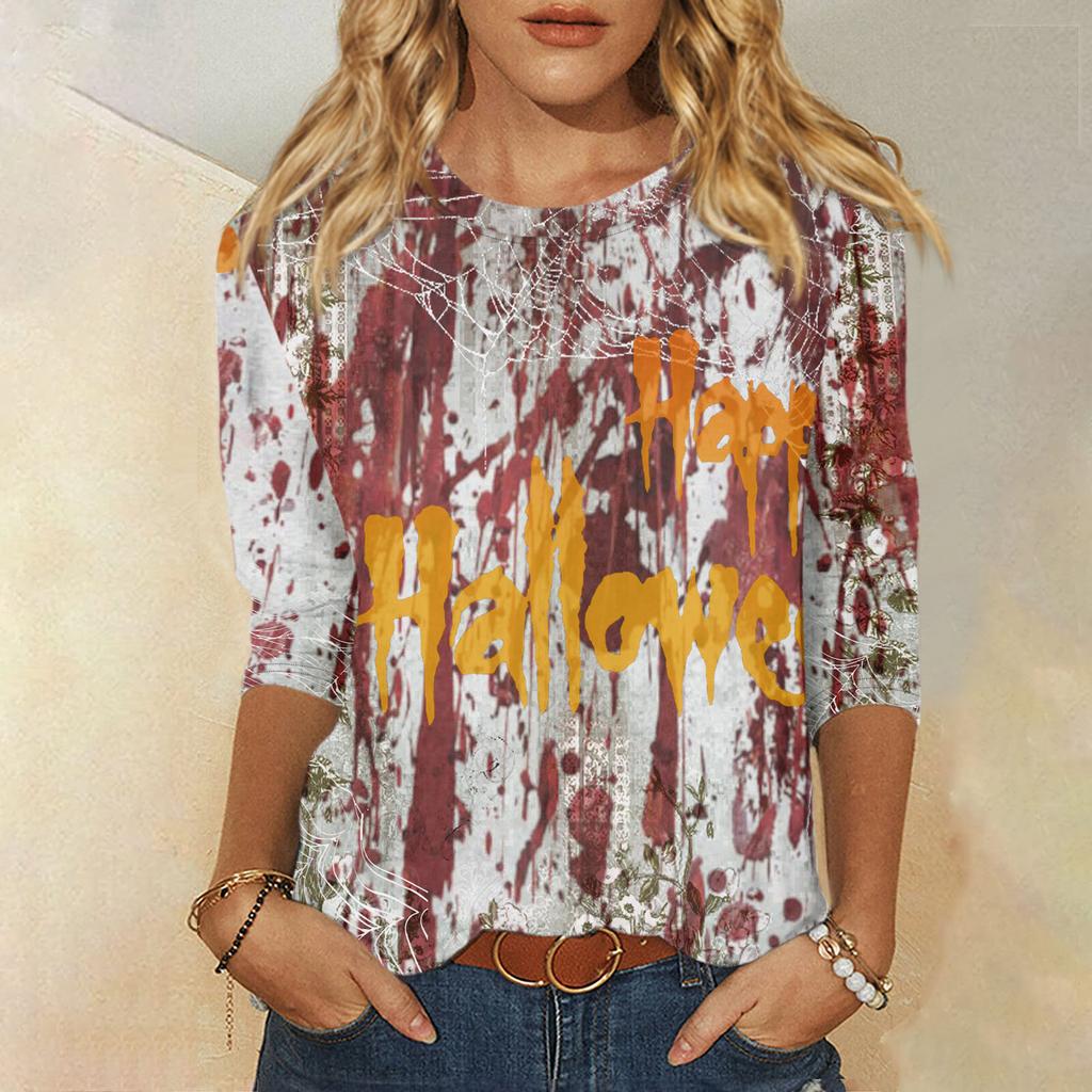 2024 New Women's Halloween Long Sleeve T-Shirt Spider Web Print Round Neck Casual Basic Loose Ladies Designer Tops