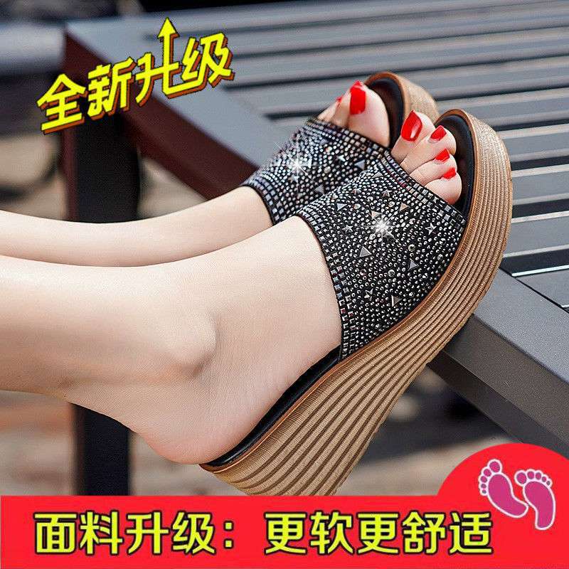 2025 New Cool Slippers Women's Summer Wear Non-slip Fashion High Heel Wedge One-word Drag Thick-bottomed Rhinestone Slippers