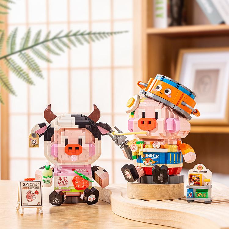 Animation Animal Food Micro Diamond Block Pig Construction Blocks Strawberry Milk Hamburger Honey Instant Noodles Nanobricks Toys