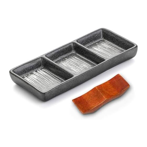 Japanese Style Ceramic 3-Compartment Dipping Dish with Chopstick Rest - Black, Microwave/Dishwasher Safe, Stackable, Perfect for Sauces, Appetizers,