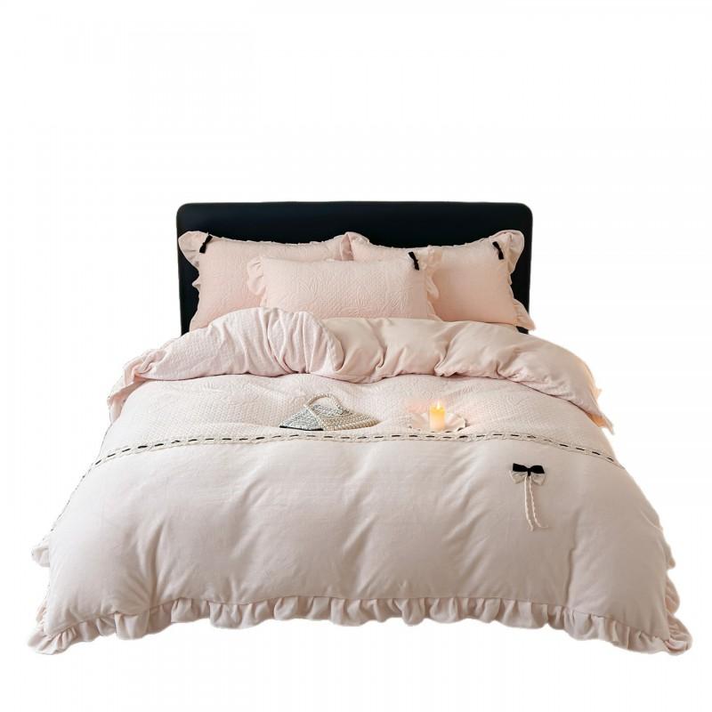 Korean Style Milk Fleece Bedding Set Lace Trim Bow Decor Thick Warm Anti-Static