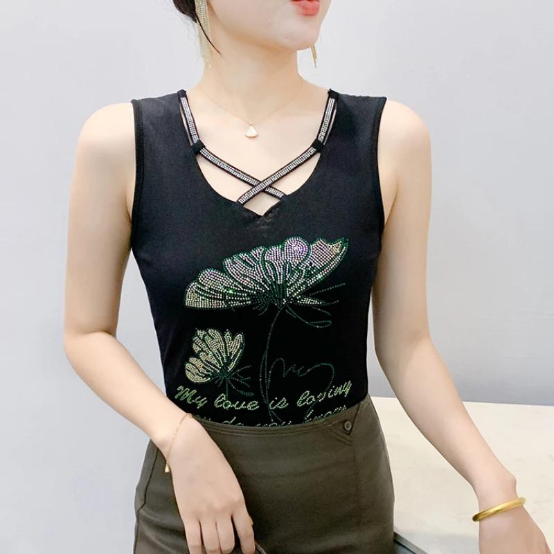 New Summer European Rhinestone Flower Clothes Women's Sleeveless T-shirt Elegant Chic Hot Diamonds Tees Sexy Girls Slim Streetwear Flower Tank Top