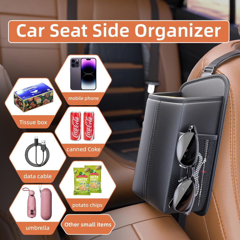 1pc CHEGES Car Seat Side Storage Organizer with Side Pocket & Tissue Holder - Heavy-Duty Dashboard Organizer with Non-Slip Grip