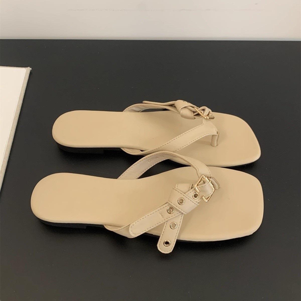

Korean niche belt buckle flip-flops women wear summer new toe slippers women s flat holiday beach sandals 40