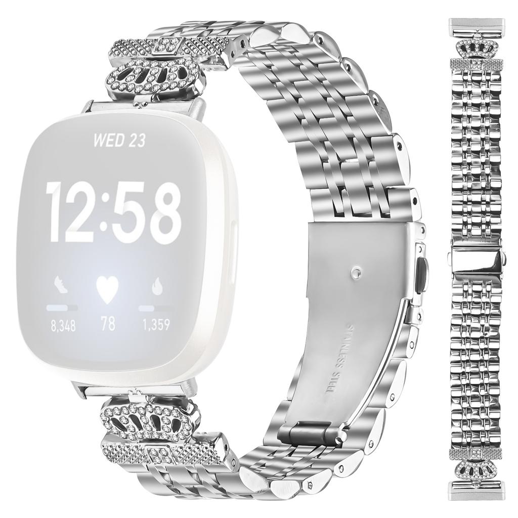 For Fitbit Versa 3/Sense Watch Band 7-Bead Rhinestone Crown Stainless Steel Strap Silver