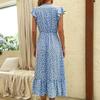 Floral Print High Waist V Neck Dress with Irregular Flying Sleeve for Women