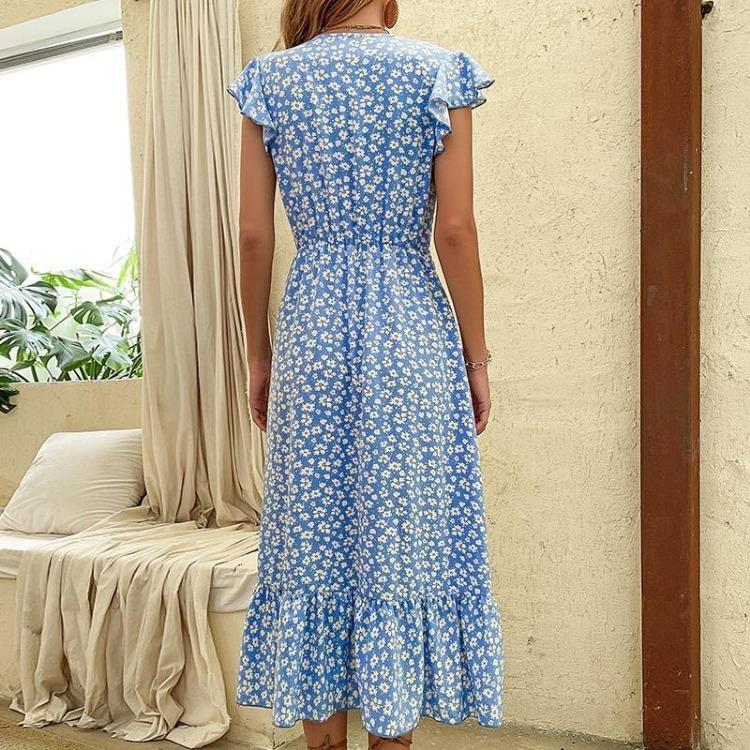 Floral Print High Waist V Neck Dress with Irregular Flying Sleeve for Women