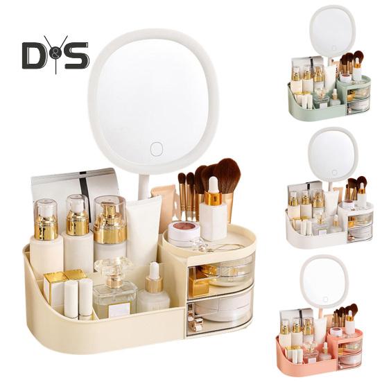 Boîte de rangement de maquillage avec miroir LED, grande capacité, compartiments multiples, boîte de rangement pour pinceaux de maquillage, organisateur de comptoir
