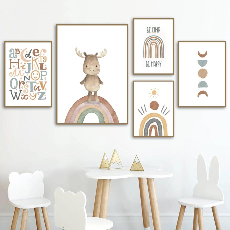 Alphabet Rainbow Gate Deer Sun Heart Cartoon Nursery Wall Art Canvas Painting Posters And Prints Wall Pictures Kids Room Decor