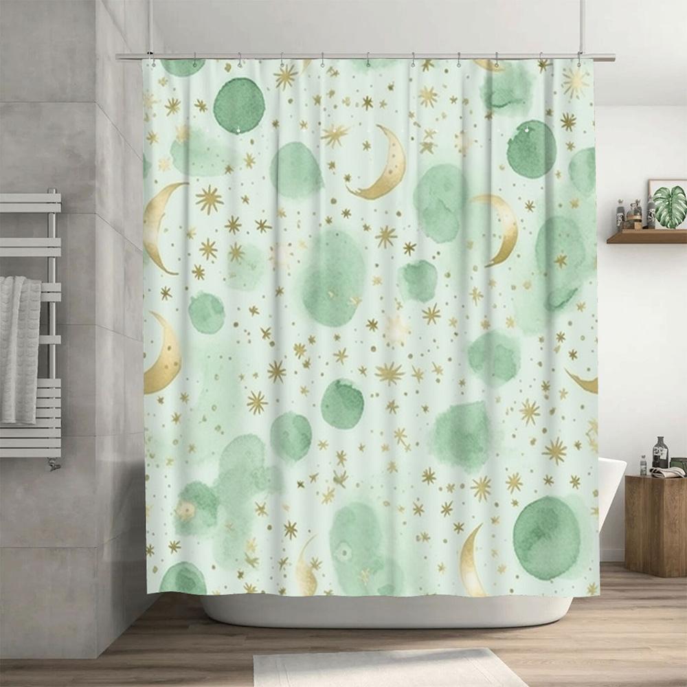 Charming Moonlight Blue Green Shower Curtain With Golden Stars For Bathroom Decor Waterproof Fabric Perfect Gift Idea For Home