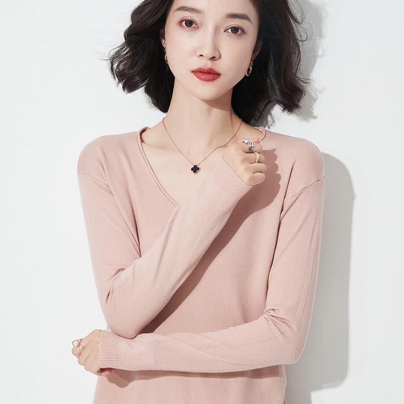 Autumn/Winter Women's Wool Sweater: Round & V-Neck, Rolled Edge, Long Sleeve, Thin Knit Top