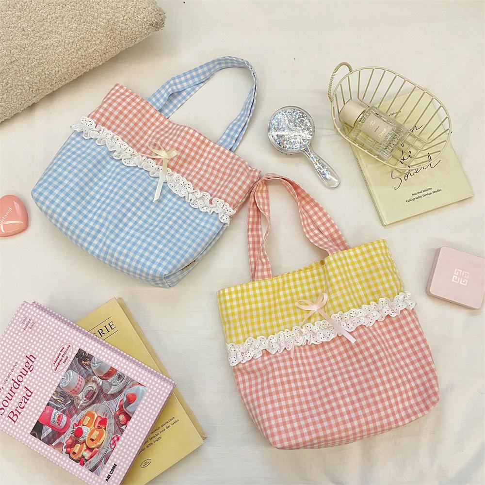 Sweet Bow Patchwork Lace Shopping Bags for Women Ctrast Color Plaid Ladies Bento Handbags Lightweight Portable Female Tote